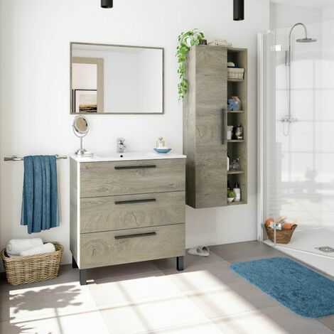 Mueble de baño Athena 80 3 cajones + espejo Roble Alaska 80cm (ancho) x 86cm (alto)