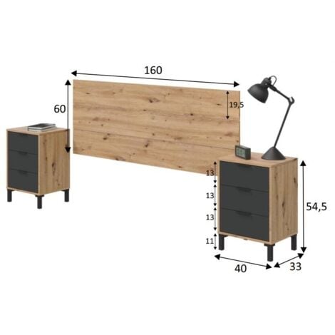Cabecero con mesitas Enzo Gris Antracita - Roble Nodi 160cm (ancho) x 60cm (alto)