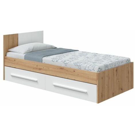 Cama Noa Blanco Artik (Blanco Mate) - Roble Nodi 196cm (ancho) x 77cm(cabecero),41cm(pies) (alto)