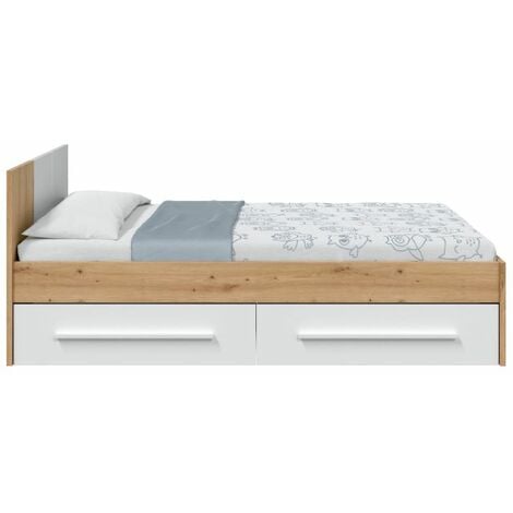 Cama Noa Blanco Artik (Blanco Mate) - Roble Nodi 196cm (ancho) x 77cm(cabecero),41cm(pies) (alto)