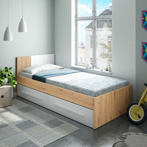 Cama Noa Blanco Artik (Blanco Mate) - Roble Nodi 196cm (ancho) x 77cm(cabecero),41cm(pies) (alto)