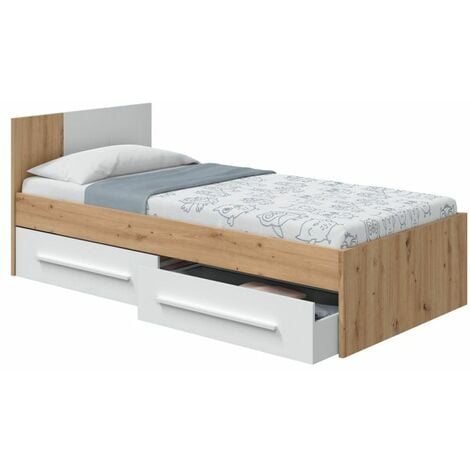 Cama Noa Blanco Artik (Blanco Mate) - Roble Nodi 196cm (ancho) x 77cm(cabecero),41cm(pies) (alto)