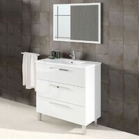 Mueble de baño blanco Athena 3 cajones + espejo Blanco brillo 80cm (ancho) x 86cm (alto) - Blanco brillo