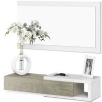 Mueble Recibidor Noon Estilo Nórdico en Color Blanco y Roble Alaska con Espejo y Pequeño Hueco 95x19x26 cm