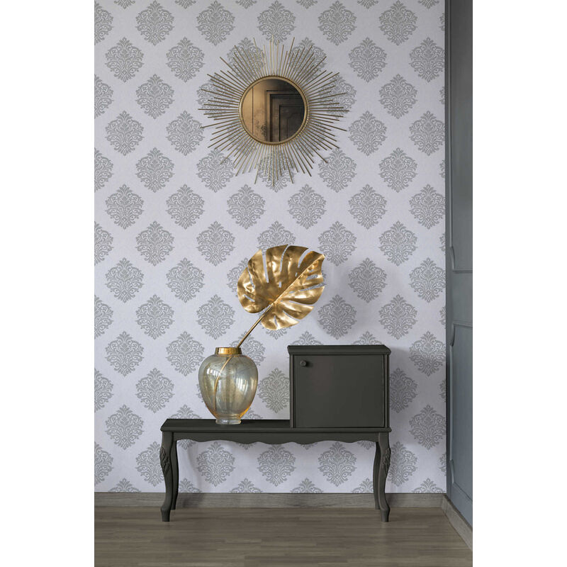 Barock Tapete Profhome 324802 Vliestapete glatt mit Ornamenten matt grau  weiß silber 5,33 m2 | Vliestapeten