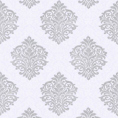Barock Tapete Profhome 324802 Vliestapete glatt mit Ornamenten matt grau  weiß silber 5,33 m2