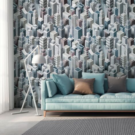 Fotomural Profhome 382501 papel pintado vinílico estampado en caliente tejido non tejido liso con motivos de la arquitectura mate gris gris-azulado blanco violeta pastel 1,59 m x 2,8 m