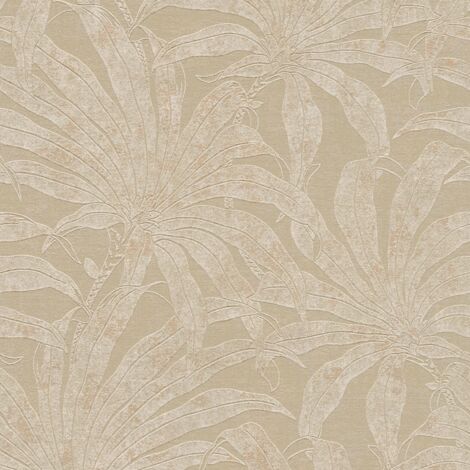 Papel pintado naturaleza Profhome 395014 papel pintado no tejido texturado con dibujo de jungla y acentos metálicos gris blanco oro 5,33 m2