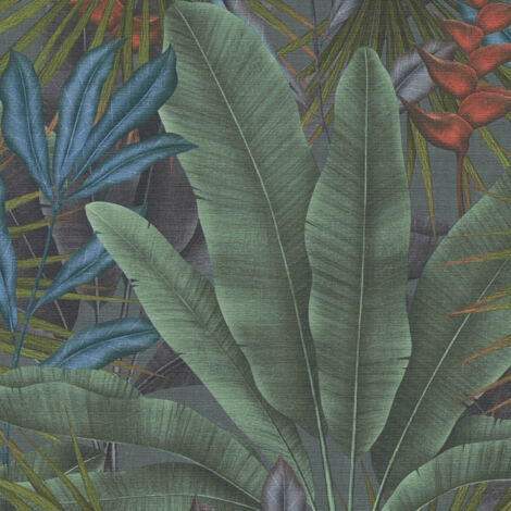 Papel pintado naturaleza Profhome 396471 papel pintado vinílico estampado en caliente tejido non tejido ligeramente texturado con dibujo de jungla mate gris verde rojo azul 5,33 m2