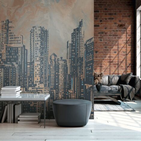 Fotomural Profhome 393331 papel pintado vinílico estampado en caliente tejido non tejido liso con motivos de la arquitectura mate naranja gris azul 3,71 m x 2,8 m (1/4)