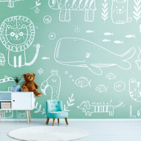 Fotomural Profhome 383041 papel pintado vinílico estampado en caliente tejido non tejido liso con dibujo infantil mate verde blanco 3,71 m x 2,8 m (1/4)