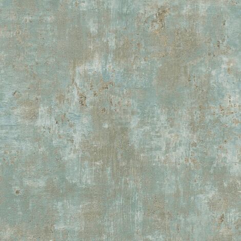 Empapelado efecto estuco Profhome 396704 papel pintado vinílico estampado en caliente tejido non tejido texturado con textura perceptible y acentos metálicos verde azul oro 5,33 m2