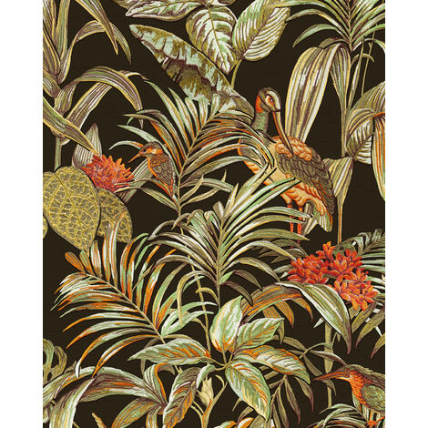 Empapelado con pájaros Profhome DE120015-DI papel pintado vinílico estampado en caliente tejido non tejido gofrado de diseño exótico brillante negro verde naranja 5,33 m2