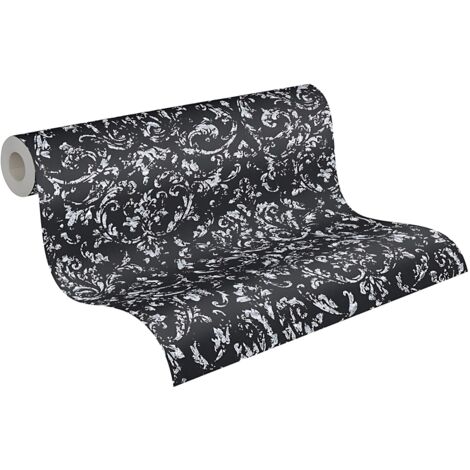 Papel pintado barroco Profhome 306606 papel pintado textil texturado de estilo barroco brillante negro plata 5,33 m2