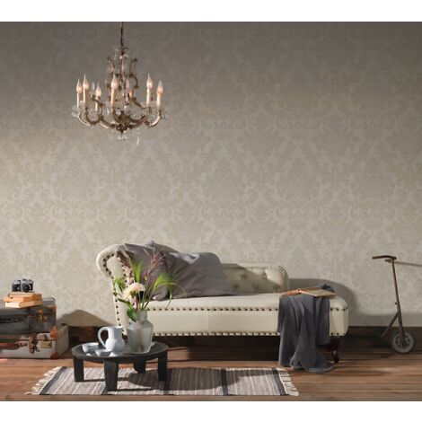 Papel pintado barroco Profhome 372703 papel pintado no tejido ligeramente texturado de estilo barroco destellante beige blanco-crema oro 5,33 m2