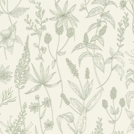 Empapelado estilo country Profhome 373635 papel pintado no tejido ligeramente texturado con dibujo floral mate verde plata blanco 5,33 m2