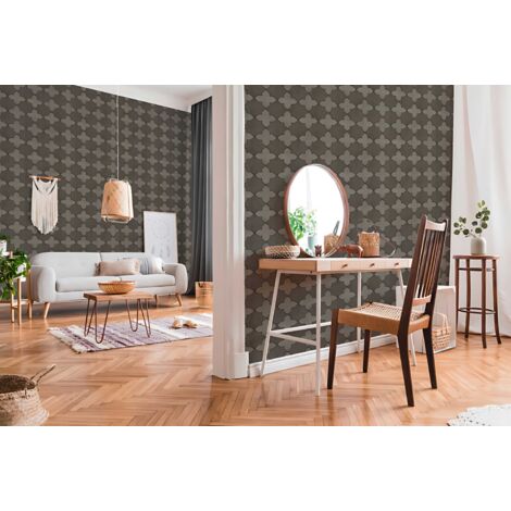 Papel pintado gráfico Profhome 374213 papel pintado no tejido ligeramente texturado con dibujo gráfico mate gris negro 5,33 m2