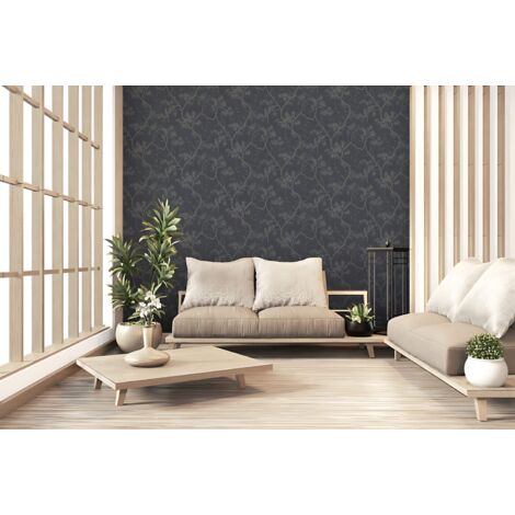 Empapelado de lujo exclusivo Profhome 378672 papel pintado no tejido ligeramente texturado con ornamentos florales y acentos metálicos antracita gris-negruzco bronce 5,33 m2