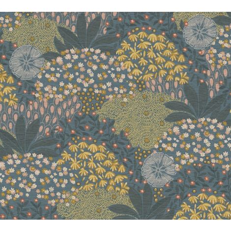 Papel pintado floral Profhome 387404 papel pintado vinílico estampado en caliente tejido non tejido ligeramente texturado con dibujo floral mate turquesa petrol amarillo rosa 5,33 m2 (1/5)