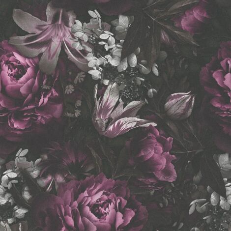 Papel pintado floral Profhome 385094 papel pintado vinílico estampado en caliente tejido non tejido liso con dibujo floral mate morado negro rosa gris 5,33 m2 (1/5)