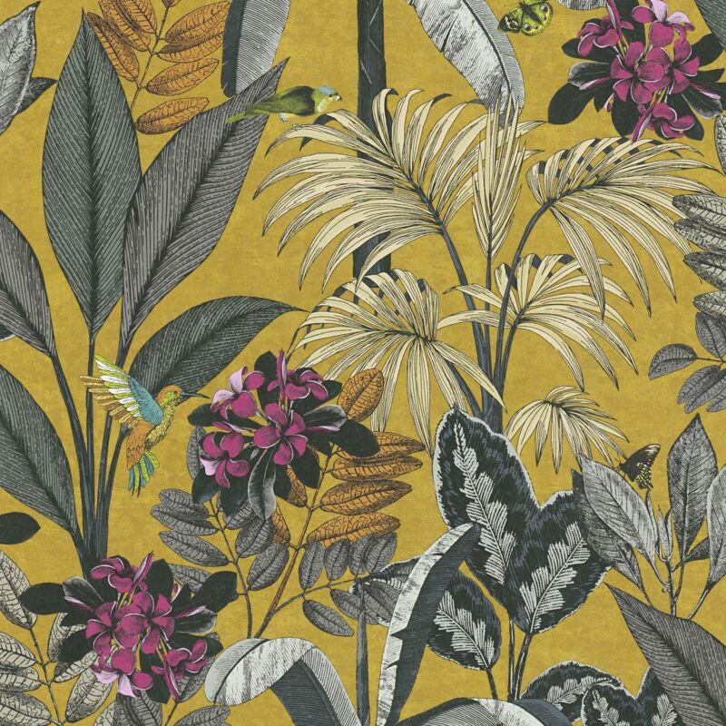 Carta da parati con uccelli Profhome 387381 Tappezzerie lisce in tessuto non tessuto liscia con colibrì opaca giallo grigio lilla turchese 5,33 m2