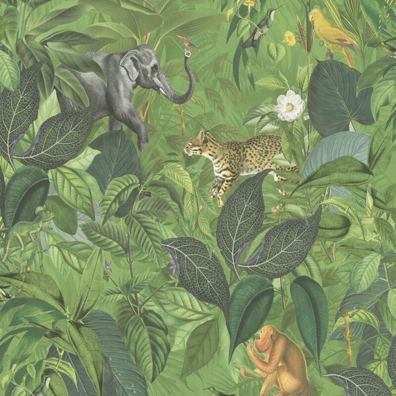 Profhome - Carta da parati Natura 387241 Carta da parati TNT goffrata a caldo liscia con Disegni di animali opaca Verde Marrone Giallo Grigio 5,33 M2