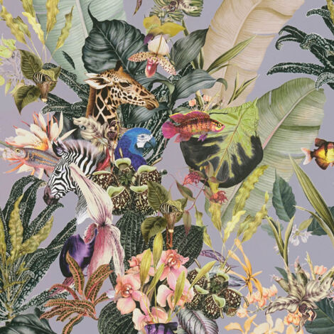 Carta da parati con animali Profhome 381762 Tappezzerie lisce in tessuto non tessuto con design giungla opaca porpora verde giallo azzurro 5,33 m2 (1/5)