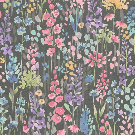 Carta da parati floreale Profhome 396064 Carta da parati TNT goffrata a caldo liscia in stile acquerello opaca nero rosa-fucsia azzurro verde 5,33 m2 (1/5)