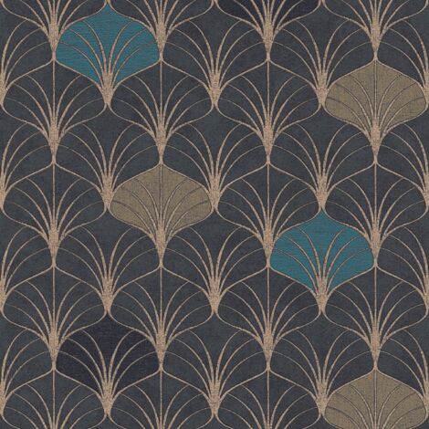 Carta da parati grafica Profhome 374833 Carta da parati TNT liscia con forme geometriche lucida oro nero azzurro 5,33 m2
