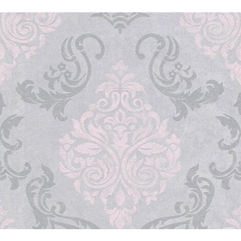 Carta da parati barocca Profhome 953726 Carta da parati TNT leggermente strutturata in stile barocco scintillante grigio argento rosa 5,33 m2