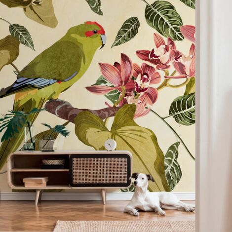 Photo wallpaper Profhome 382441 hot embossed non-woven wallpaper smooth with birds pattern matt green beige red grey 3.71 m x 2.8 m (1/4)