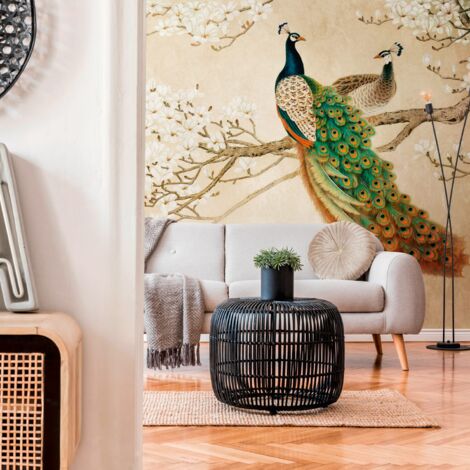 Photo wallpaper Profhome 382361 hot embossed non-woven wallpaper smooth with birds pattern matt beige white orange green 3.71 m x 2.8 m