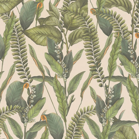Flowers wallcovering wall Profhome 394132 hot embossed non-woven wallpaper slightly textured with jungle elements matt cream green orange 5.33 m2 (1/5)