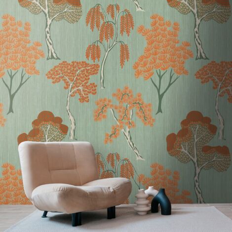 Photo wallpaper Profhome 398871 hot embossed non-woven wallpaper smooth with forest motif matt orange green 1.59 m x 2.8 m (1/3)