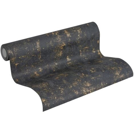 Stone tile wallpaper wall Profhome 230782 non-woven wallpaper slightly textured with tangible texture matt black gold 5.33 m2 (57 ft2)