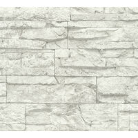 Stone tile wallpaper wall Profhome 707161 non-woven wallpaper slightly textured with nature-inspired pattern matt white grey 5.33 m2 (57 ft2)