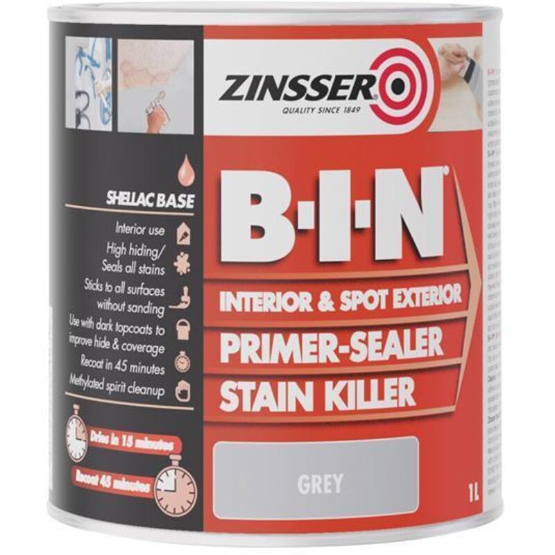 Zinsser BIN Primer Sealer Stain Killer Paint Grey 1L