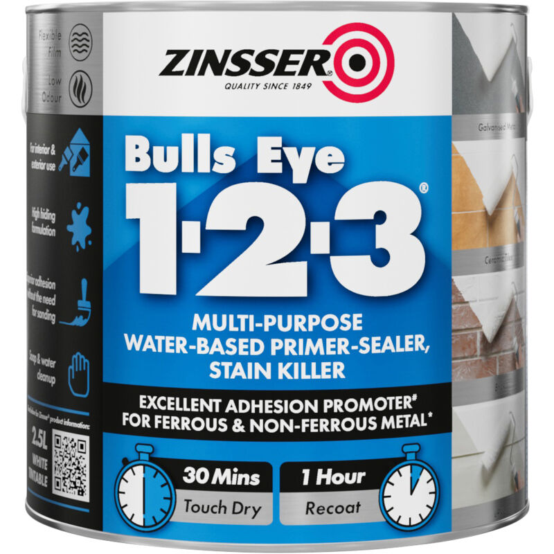 Zinsser Bulls Eye 1-2-3 - Primer-sealer - Stain Killer - 2.5 Litre - Grey