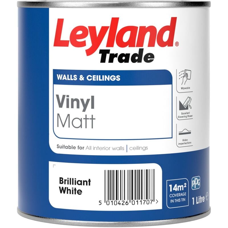 Leyland Trade Vinyl Matt Emulsion Paint Brilliant White 1L
