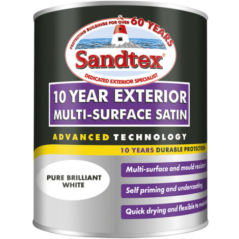 Sandtex 10 Year Exterior Multi Surface Satin - Brilliant White - 750ml