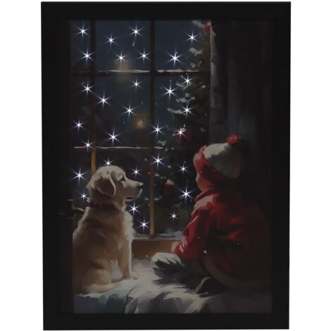 Snowtime Fibre Optic Framed Canvas Puppy and Child Battery Operated