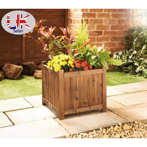 Square Wooden Garden Planters Outdoor Plant Flower Pot Display Box Burntwood
