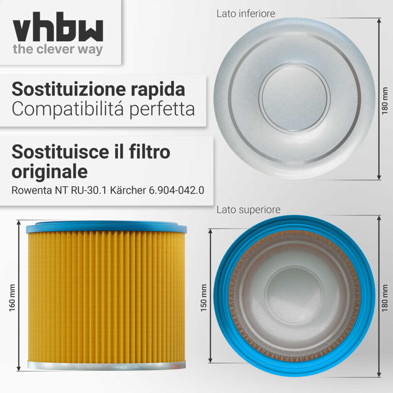 Filtro A Pieghe Vhbw Compatibile Con Aqua Vac 5000 Plus, 6200 Bulldog - Diametro 18,8 Cm Altezza 16,5 Cm