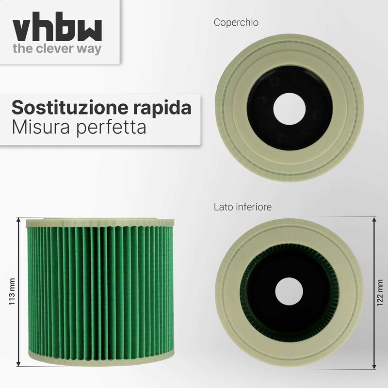 vhbw filtro a pieghe piatte compatibile con Kärcher WD 2250, WD 2.250, WD  3, WD 3.200, WD 2500 M aspiratore umido/secco - Cartuccia filtrante, verde