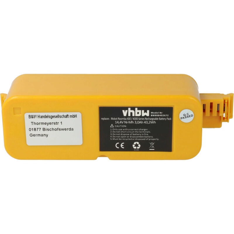 vhbw Li-Ion Batteria 3Ah (14.4V) compatibile con iRobot Roomba 620, 625,  630, 650 aspirapolvere sostituisce 11702, GD-Roomba-500, VAC-500NMH-33