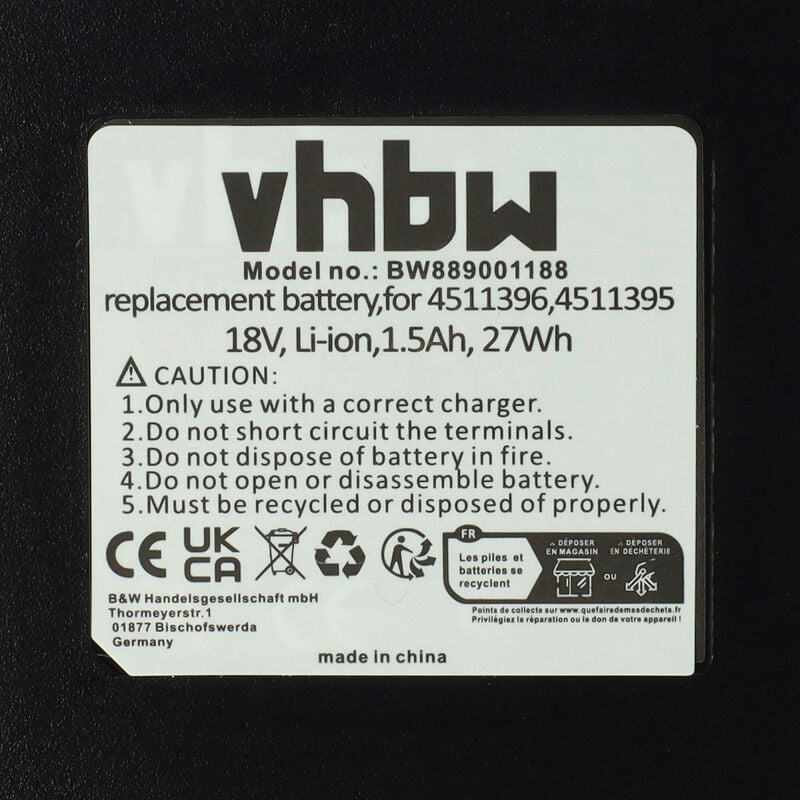 vhbw batteria compatibile con Einhell Fixetto 18/50 N utensile elettrico,  aspirapolvere a umido/asciutto (1500 mAh, Li-Ion, 18 V)