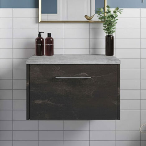 Hudson Reed Juno Wall Hung 1-Drawer Vanity Unit with Bellato Grey Worktop 600mm Wide - Metallic Slate (1/5)