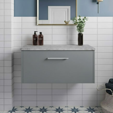 Hudson Reed Juno Wall Hung 1-Drawer Vanity Unit with Bellato Grey Worktop 800mm Wide - Coastal Grey (1/5)