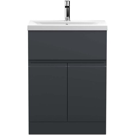 Hudson Reed Urban Satin Soft Black 600mm Floor Standing Single Drawer 2 Door Vanity Unit and Mid Edge Ceramic Basin - URB1403A (1/5)