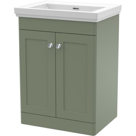 Nuie Classique Floor Standing 2-Door Vanity Unit with Classic Basin 600mm Wide Satin Green - 0 Tap Hole (1/5)
